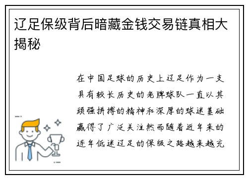 辽足保级背后暗藏金钱交易链真相大揭秘 辽足保级背后暗藏金钱交易链真相大揭秘